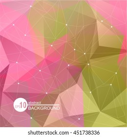 Polygonal abstract background with green and pink triangles.