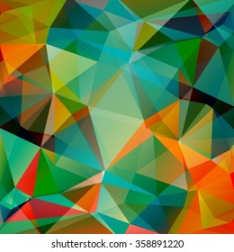 Polygonal abstract background with orange and green triangles.