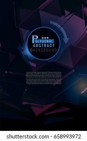 Polygonal abstract blue triangle sphere combination glow on dark blue low poly shatter background graphic template 