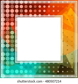 Polygonal abstract border with orange and blue triangles.