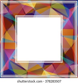 Polygonal abstract border with violet and orange triangles.