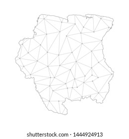 Polygonal abstract with communications network map of Suriname, 3D mesh polygonal network line. Vector illustration.
