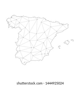 Polygonal abstract with communications network map of Spain, 3D mesh polygonal network line. Vector illustration.