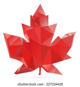 Polygonal abstract element in form of autumn leaf of canadian maple, made from colorful triangles, isolated on white