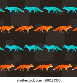 Polygonal abstract fox  painted in bright imaginary colors isolated on black cover. Seamless pattern geometric background for use in design.