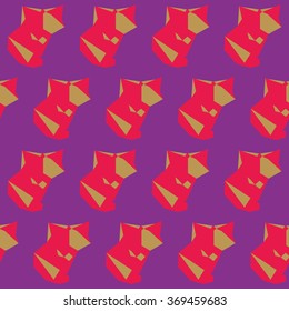 Polygonal abstract fox painted in bright imaginary colors isolated on violet cover. Seamless pattern geometric background for use in design.