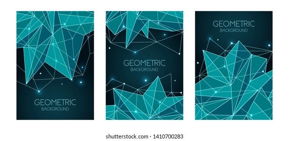 Polygonal abstract futuristic dark blue template, low poly sign. Vector lines, dots and triangle shapes, connecting network. Brochure template, cover layout, magazine, flyer design. 