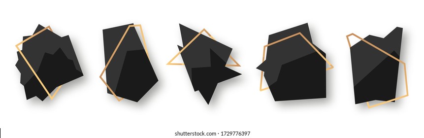 Polygonal abstract geometric black banner with gold line frame set. Empty template for any design, card text. Luxury decorative modern polyhedron frame element. Isolated on white vector illustration