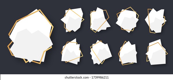 Polygonal abstract geometric white banner with gold line frame set. Empty template for any design. card text. Luxury decorative modern polyhedron frame element. Isolated on dark vector illustration
