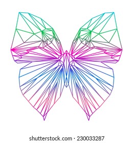 polygonal abstract gradient colored butterfly silhouette drawn in one continuous line isolated on a white background for design card, invitation, banner, book, scrapbook, t-shirt, poster, album etc.