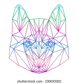 polygonal abstract gradient colored husky dog silhouette drawn in one continuous line isolated on a white background for design card, invitation, banner, book, scrapbook, t-shirt, poster, album etc.