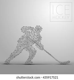 Polygonal abstract ice hockey player. Hockey players from futuristic shape. Thin line cybernetic style of sportsmens silhouette. Body energy low poly sports man in motion. Vector illustration