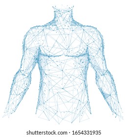 Polygonal abstract isolated body of human on white background. Medicine and health concept. Blue closeup top of body of young man. Low poly wireframe digital technology innovation vector illustration.