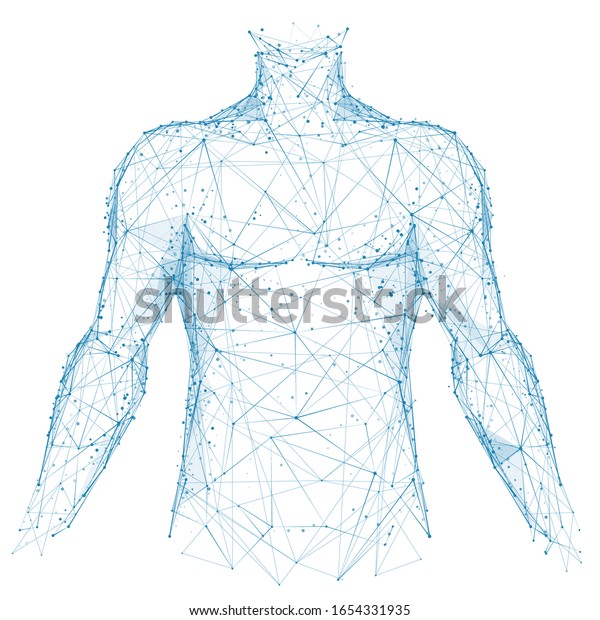 Polygonal abstract isolated body of human\
on white background. Medicine and health concept. Blue closeup top\
of body of young man. Low poly wireframe digital technology\
innovation vector\
illustration.