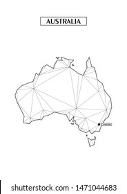 Polygonal abstract map of Australia with connected triangular shapes formed from lines. Capital of city - Canberra. Good poster for wall in your home. Decoration for room walls.  Coloring book pages.