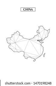 Polygonal abstract map of China with connected triangular shapes formed from lines. Capital of city - Beijing. Good poster for wall in your home. Decoration for room walls. Coloring book pages.