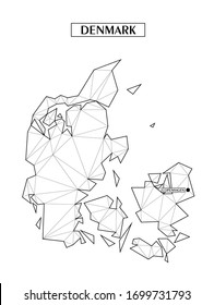 Polygonal abstract map of Denmark with connected triangular shapes formed from lines. Capital of city - Copenhagen. Good poster for wall in your home. Decoration for room walls.