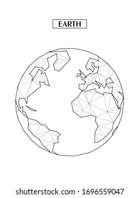 Polygonal abstract map of Earth or globe with connected triangular shapes formed from lines. Conitnents - Africa, Eurasia, North and South America, Antarctica, North Pole, South Pole.