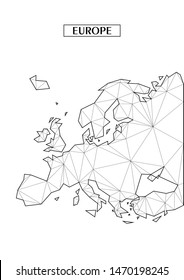 Polygonal abstract map of Europe with connected triangular shapes formed from lines. Good poster for wall in your home. Decoration for room walls. Coloring book pages.