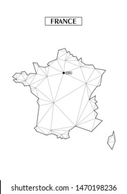 Polygonal abstract map of France with connected triangular shapes formed from lines. Capital of city - Paris. Good poster for wall in your home. Decoration for room walls. Coloring book pages.