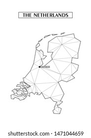 Polygonal abstract map of The Netherlands with connected triangular shapes formed from lines. Capital city - Amsterdam. Good poster for wall in your home. Decoration for room walls. Coloring book page