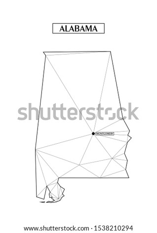 Polygonal abstract map state of Alabama with connected triangular shapes formed from lines. Capital of state - Montgomery. Good poster for wall in your home. Decoration for room walls.