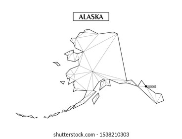 Polygonal abstract map state of Alaska with connected triangular shapes formed from lines. Capital of state -Juneau. Good poster for wall in your home. Decoration for room walls.