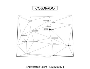 Polygonal abstract map state of Colorado with connected triangular shapes formed from lines. Capital of state - Deniver. Good poster for wall in your home. Decoration for room walls.