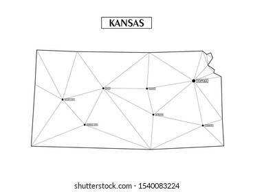 Polygonal abstract map state of Kansas with connected triangular shapes formed from lines. Capital of state - Topeka. Good poster for wall in your home. Decoration for room walls.
