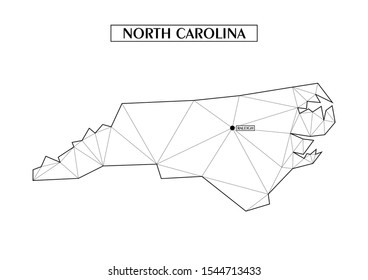 Polygonal abstract map state of North Carolina with connected triangular shapes formed from lines. Capital of state - Raleigh. Good poster for wall in your home. Decoration for room walls.