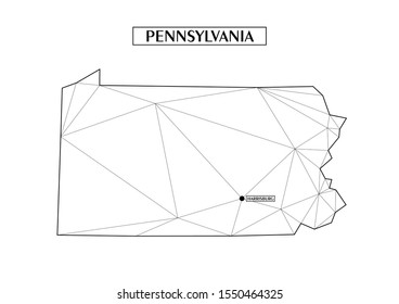 Polygonal abstract map state of Pennsylvania with connected triangular shapes formed from lines. Capital of state - Harrisburg. Good poster for wall in your home. Decoration for room walls.