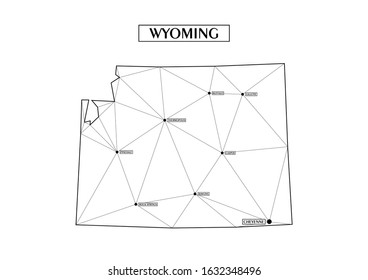 Polygonal abstract map state of Wyoming with connected triangular shapes formed from lines. Capital of state - Cheyenne. Good poster for wall in your home. Decoration for room walls.