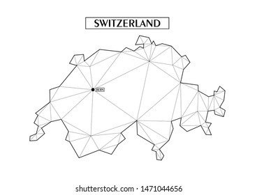 Polygonal abstract map of Switzerland with connected triangular shapes formed from lines. Capital city - Bern. Good poster for wall in your home. Decoration for room walls. Coloring book pages.