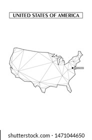 Polygonal abstract map of USA with connected triangular shapes formed from lines. Capital of city - Washington. Good poster for wall in your home. Decoration for room walls. Coloring book pages.