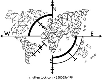 Polygonal abstract mash line world map with compass. Vector illustration eps 8