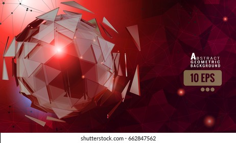 Polygonal abstract triangle sphere combine on red polygon space background with connected dots