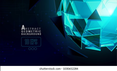 Polygonal abstract triangle sphere glowing on dark space background with technology conceptual on blue color background