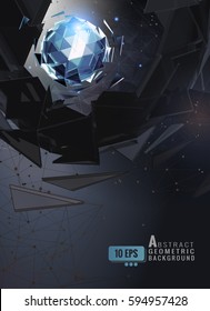 Polygonal abstract triangle sphere glowing in shatter background graphic vertical template