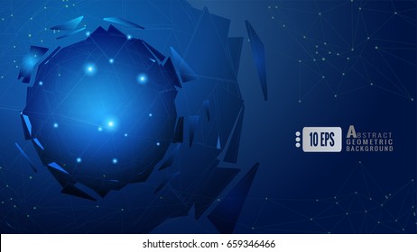 Polygonal abstract triangle sphere wireframe combination on blue background graphic template