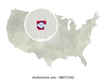 Polygonal abstract USA map with magnified Arkansas state. Arkansas state map and flag. US and Arkansas vector map. Vector Illustration.