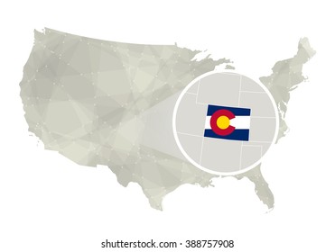 Polygonal abstract USA map with magnified Colorado state. Colorado state map and flag. US and Colorado vector map. Vector Illustration.