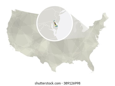 Polygonal abstract USA map with magnified Delaware state. Delaware state map and flag. US and Delaware vector map. Vector Illustration.