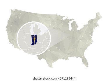 Polygonal abstract USA map with magnified Indiana state. Indiana state map and flag. US and Indiana vector map. Vector Illustration.