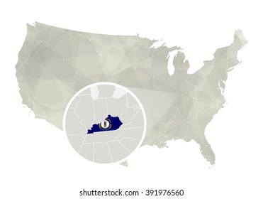 Polygonal abstract USA map with magnified Kentucky state. Kentucky state map and flag. US and Kentucky vector map. Vector Illustration.