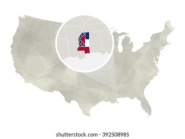 Polygonal abstract USA map with magnified Mississippi state. Mississippi state map and flag. US and Mississippi vector map. Vector Illustration.