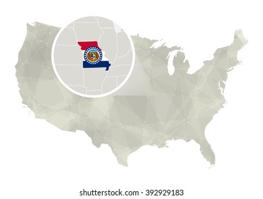 Polygonal abstract USA map with magnified Missouri state. Missouri state map and flag. US and Missouri vector map. Vector Illustration.