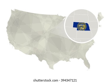 Polygonal abstract USA map with magnified Nebraska state. Nebraska state map and flag. US and Nebraska vector map. Vector Illustration.