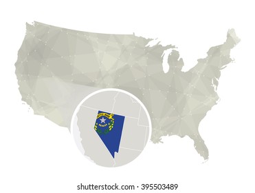 Polygonal abstract USA map with magnified Nevada state. Nevada state map and flag. US and Nevada vector map. Vector Illustration.