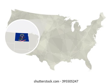 Polygonal abstract USA map with magnified North Dakota state. North Dakota state map and flag. US and North Dakota vector map. Vector Illustration.