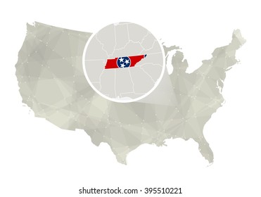 Polygonal abstract USA map with magnified Tennessee state. Tennessee state map and flag. US and Tennessee vector map. Vector Illustration.